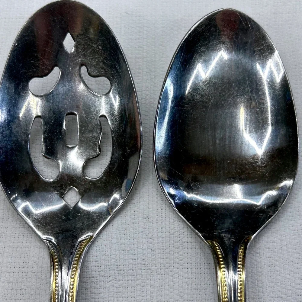 International Silver Royal Bead Gold 4 pc Serving Set Stainless 18/8 Spoons Fork